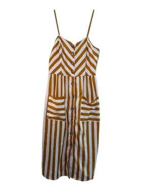 Style House large button through mustard striped mini dress adjustable straps